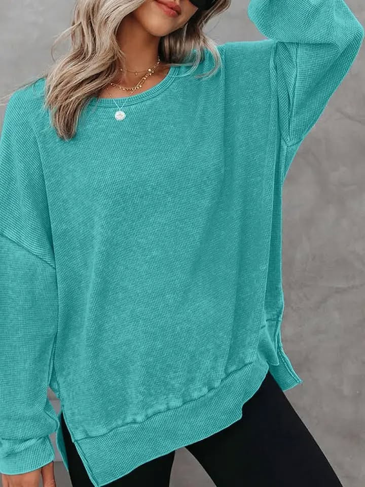 Waffle Top Casual Oversized Drop Shoulder Pullover