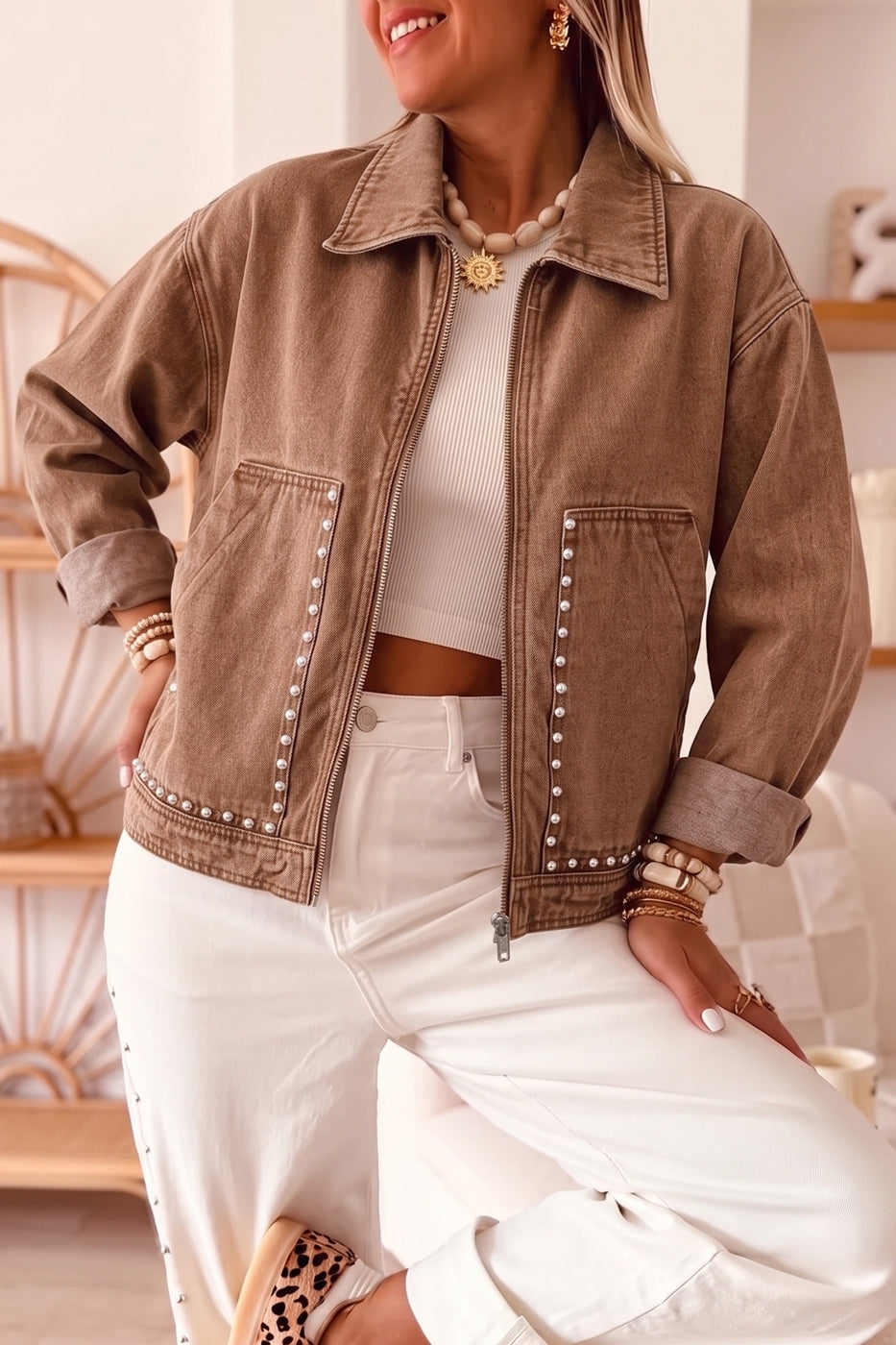 Studded Metal Zipper Rivet Pockets Long Sleeve Denim Jacket