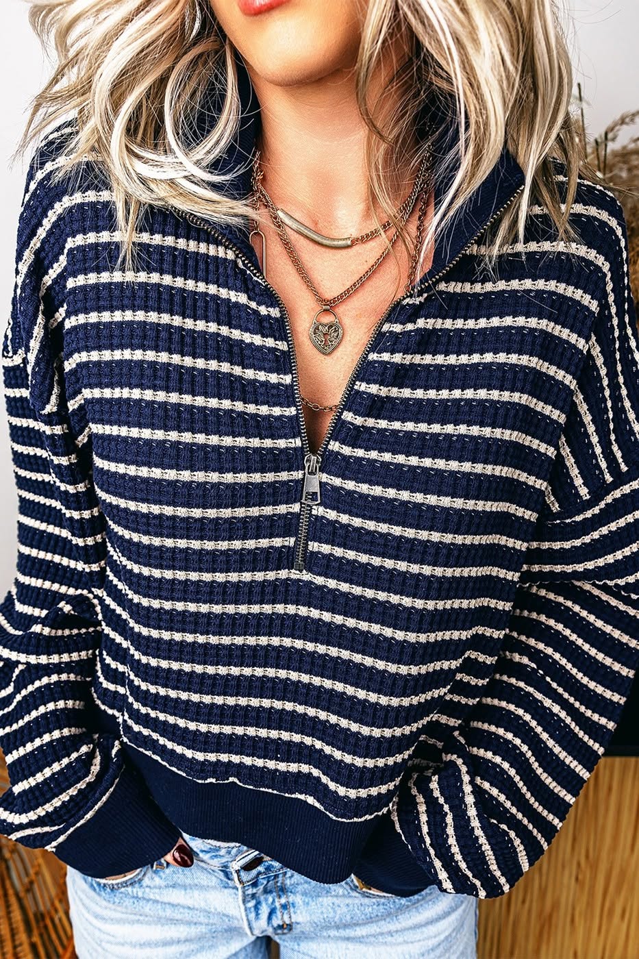 Textured Knit Half Zip Collared Long Sleeve Top