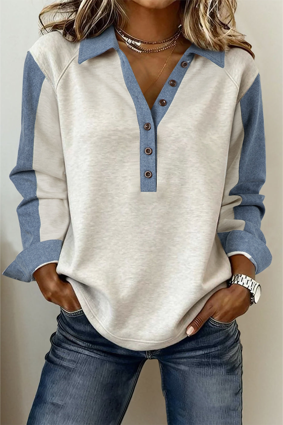 Denim Patchwork Buttoned Polo Collar Long Sleeve Top