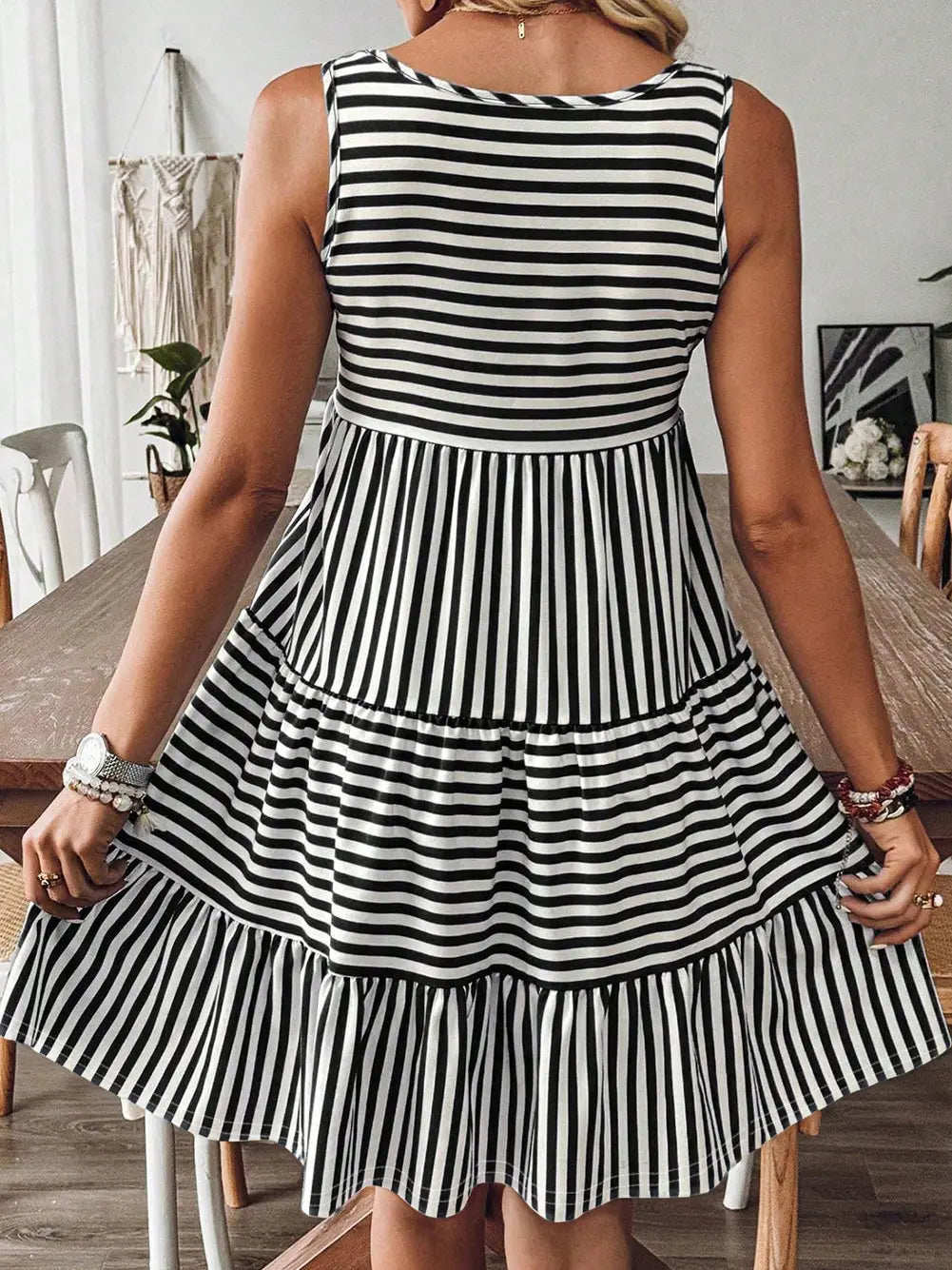 Sleeveless Black & White Striped Dress