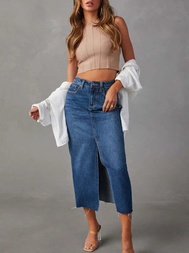 Slit Denim Midi Skirt