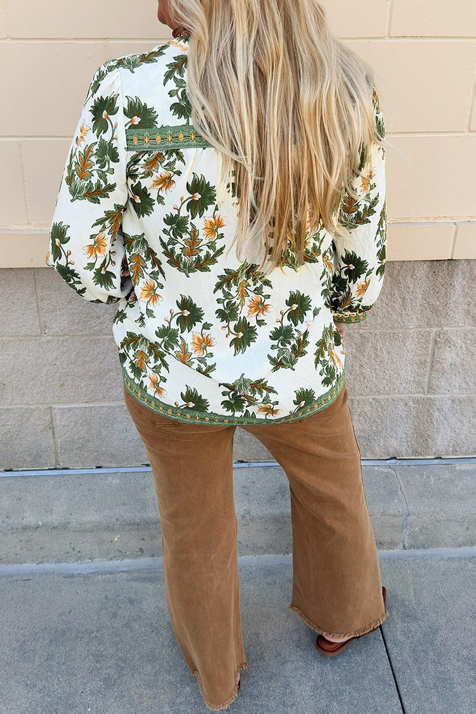 Floral Printed Patchwork Tassel Tie Blouse