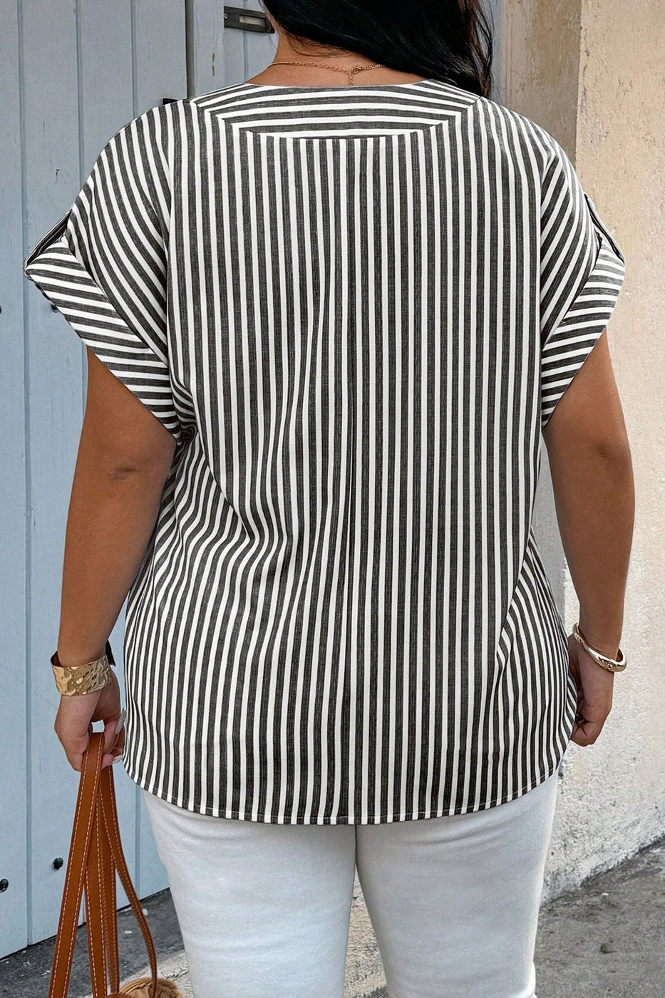V Neck Roll-tab Short Dolman Sleeve Blouse