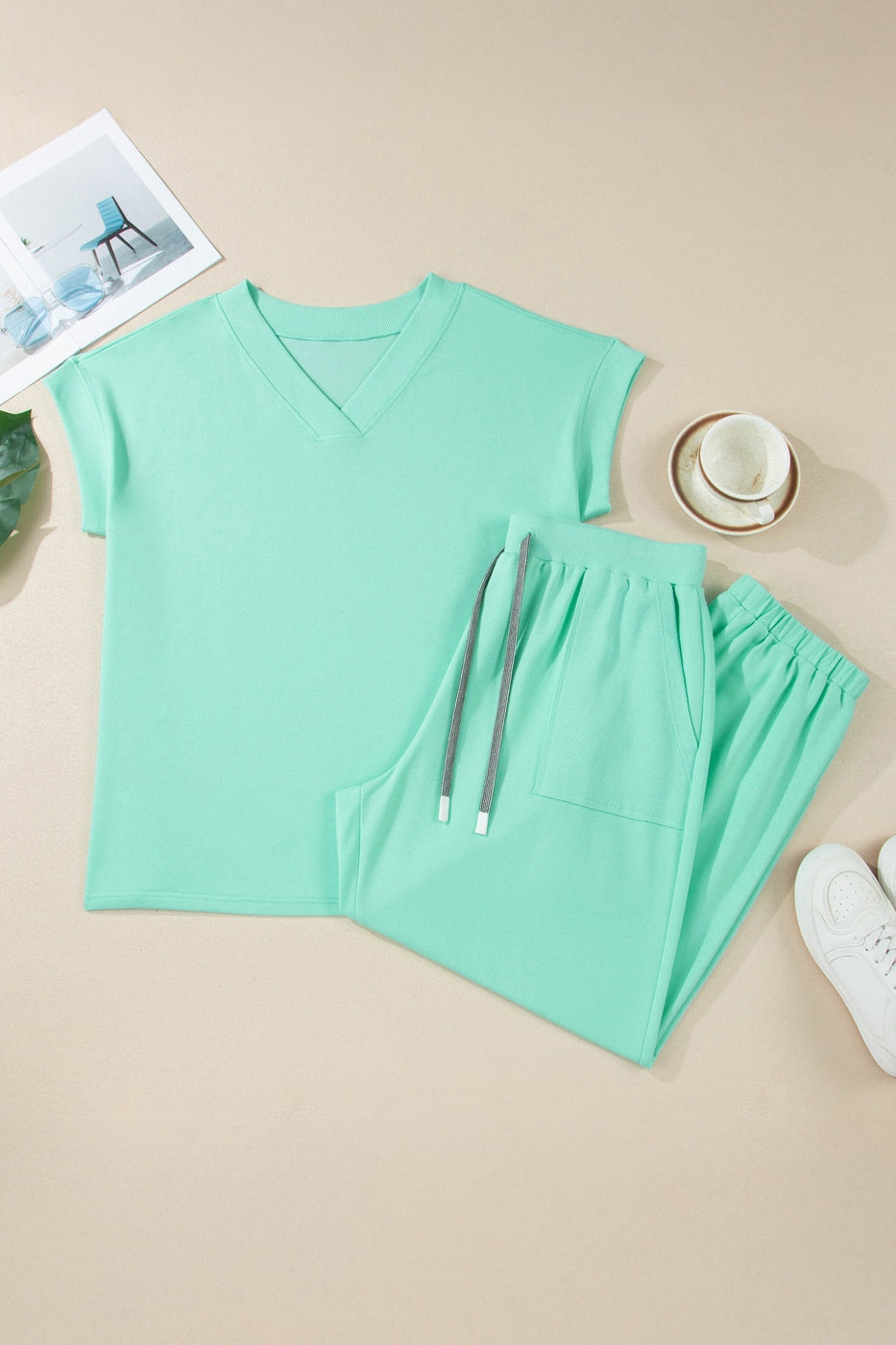 Solid V-Neck Tee and Drawstring Pants Set