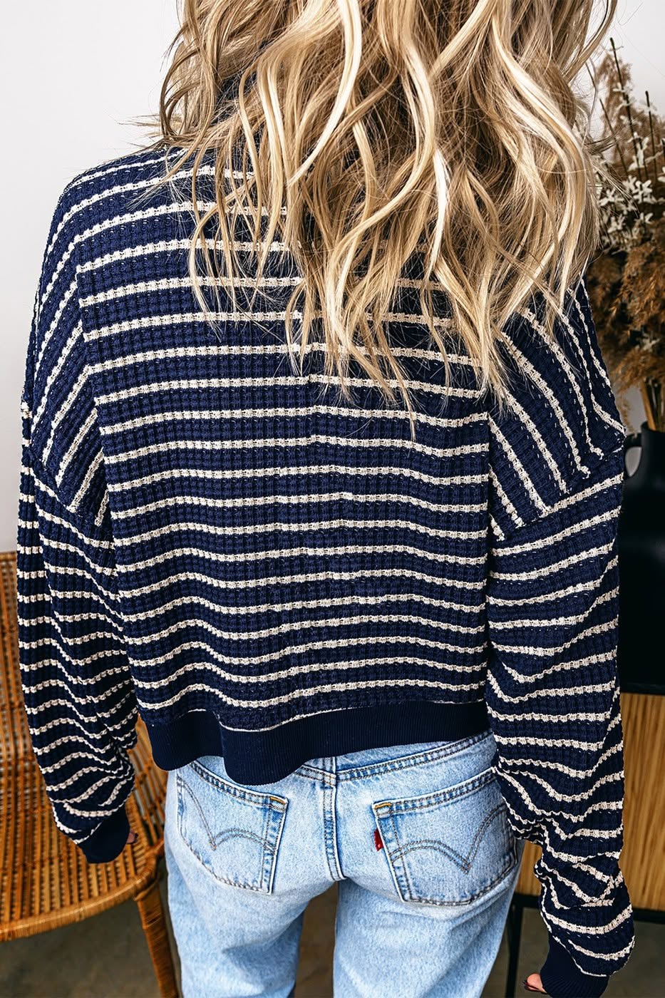 Textured Knit Half Zip Collared Long Sleeve Top