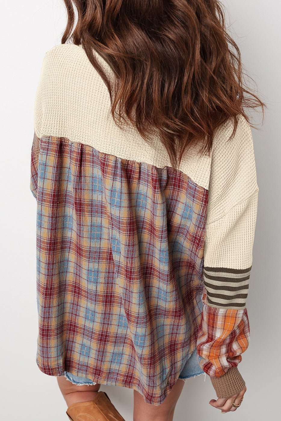 Waffle Stripe Plaid Patchwork Top