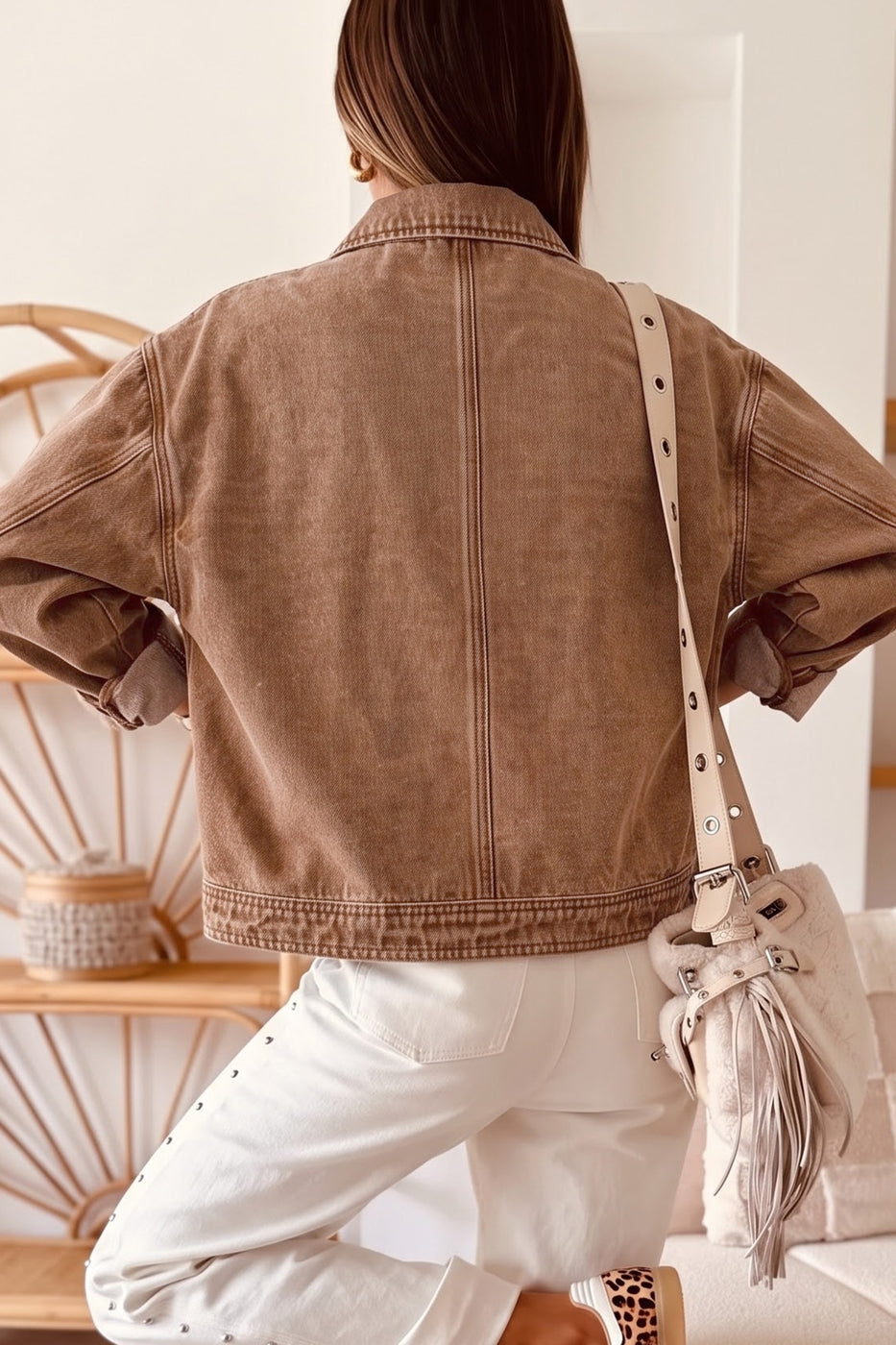 Studded Metal Zipper Rivet Pockets Long Sleeve Denim Jacket