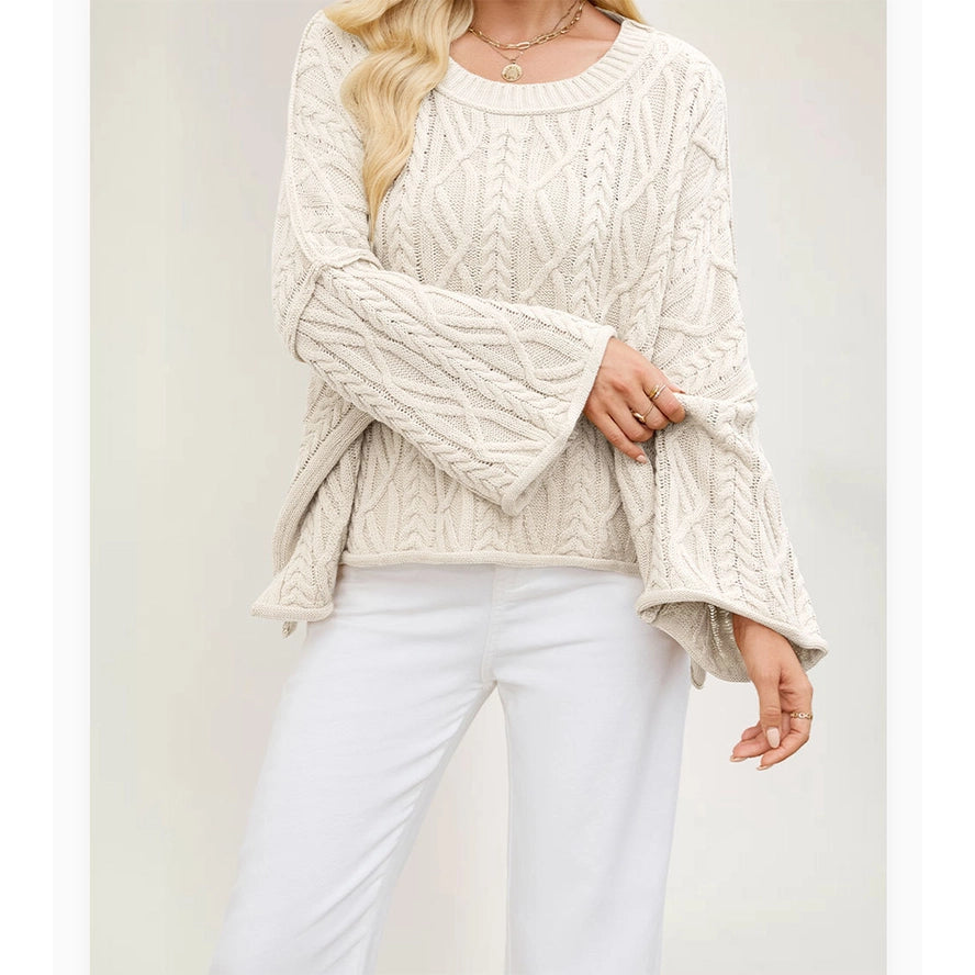 Round Neck Cropped Cable Sweater