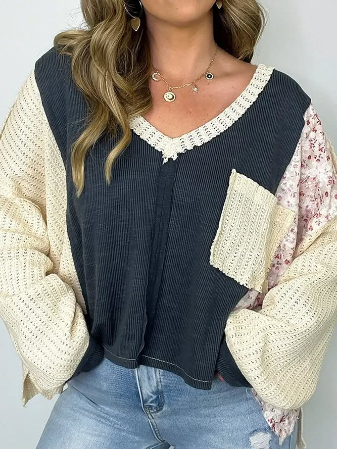 Floral Waffle Knit Color Block Pullover Top