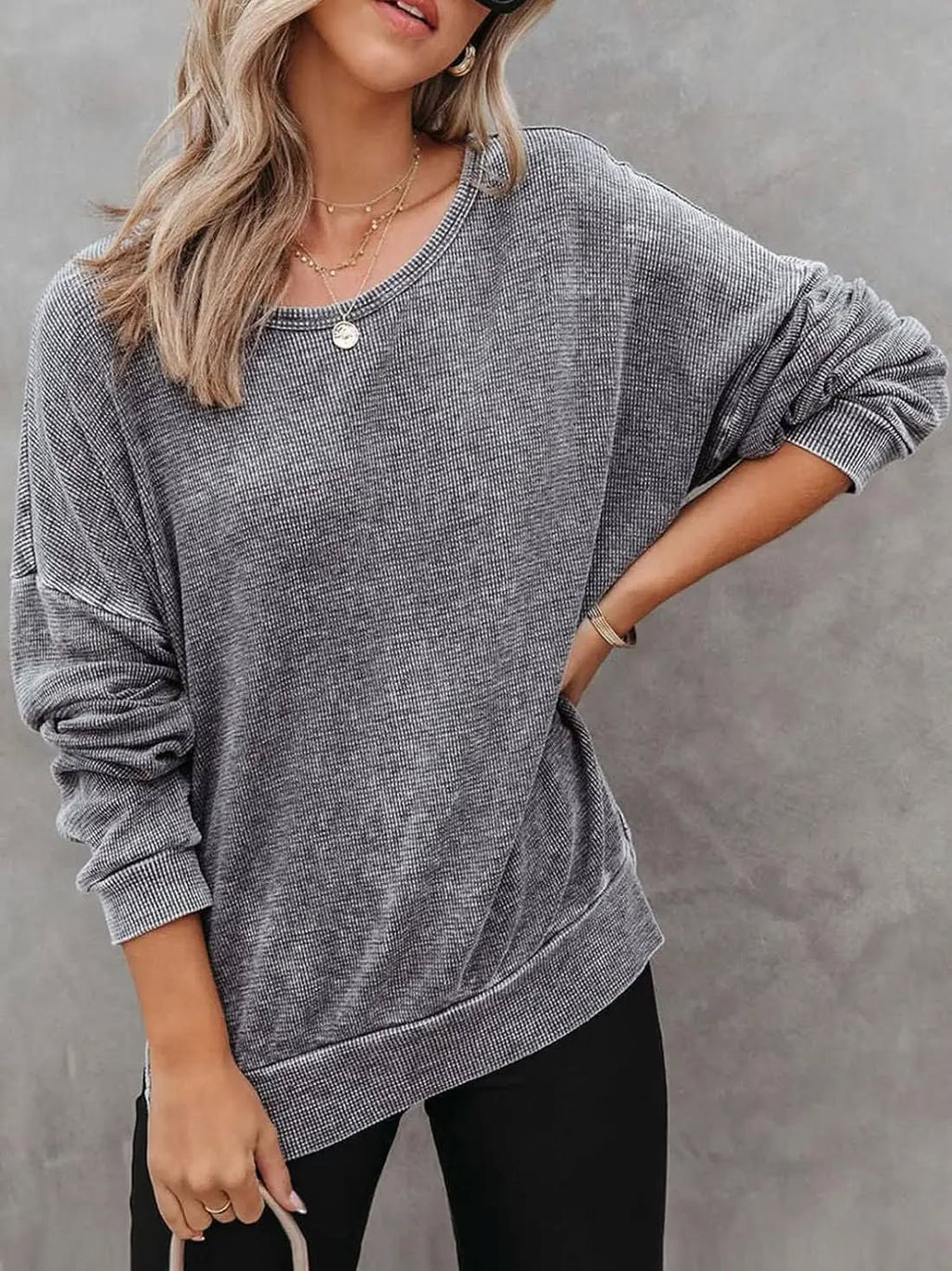 Waffle Top Casual Oversized Drop Shoulder Pullover