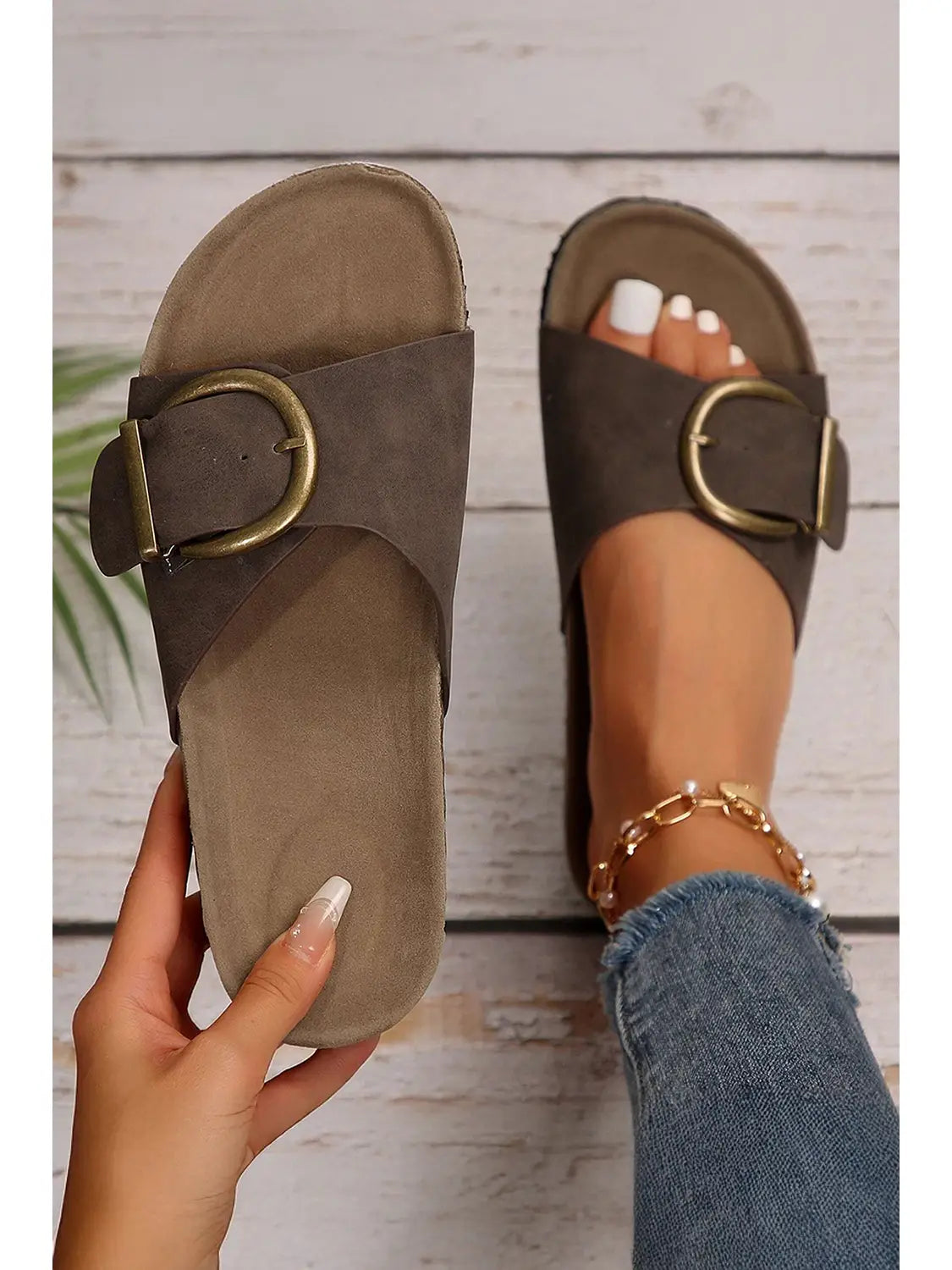 Buckle Decor Faux Suede Thick Sole Slippers