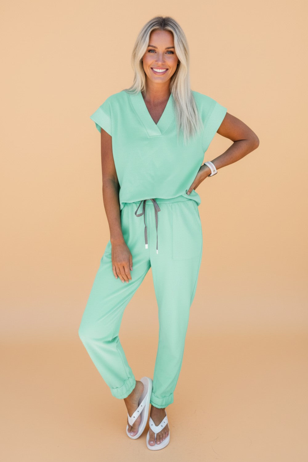 Solid V-Neck Tee and Drawstring Pants Set