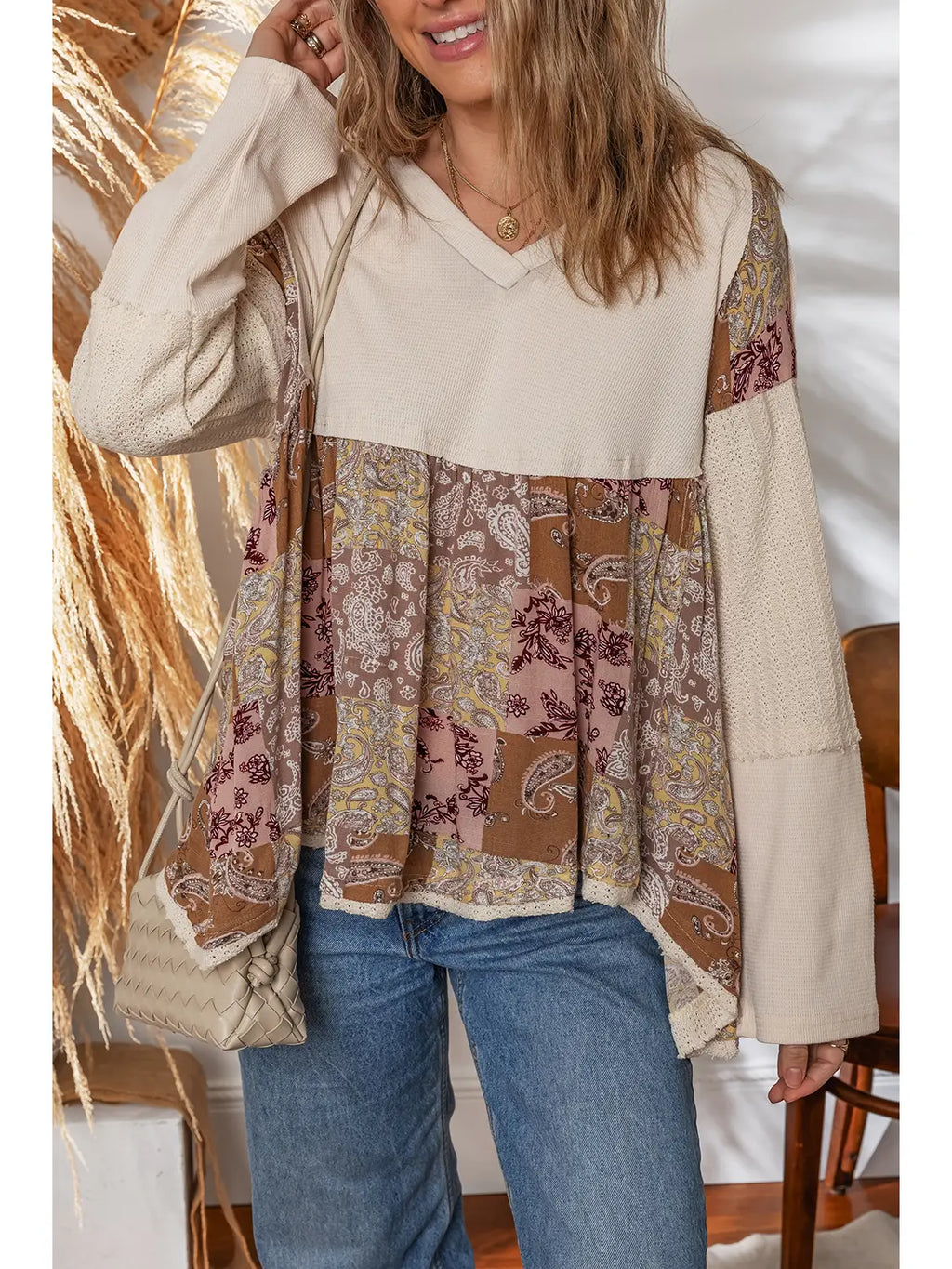 Paisley Ethnic Print Contrast Patchwork Loose Top