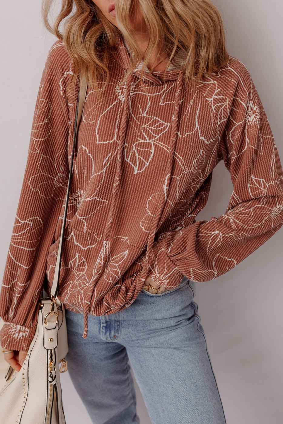 Floral Twisted Rib Drawstring Kangaroo Pocket Hoodie