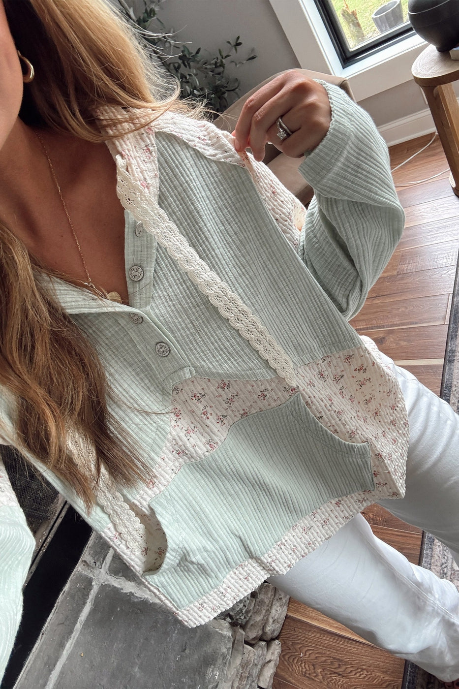 Textured Floral Patchwork Button Hooded Long Sleeve Top