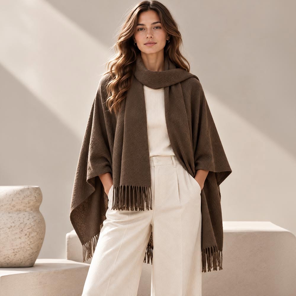 Fringe Trim Oversized Scarf Poncho