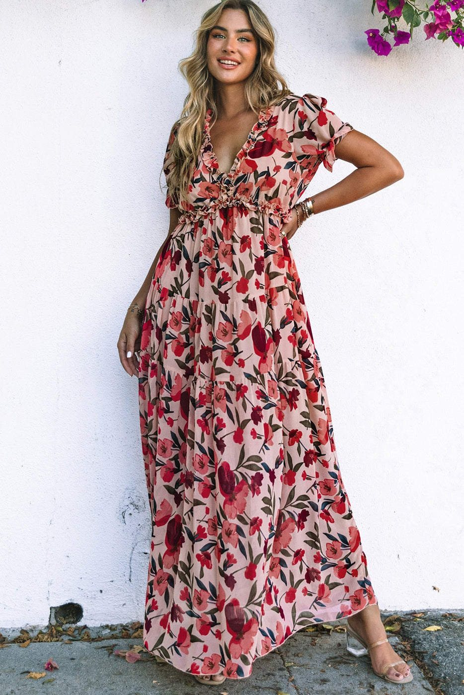 Fiery Floral Print Frilled V Neck Short Sleeve Maxi Dress