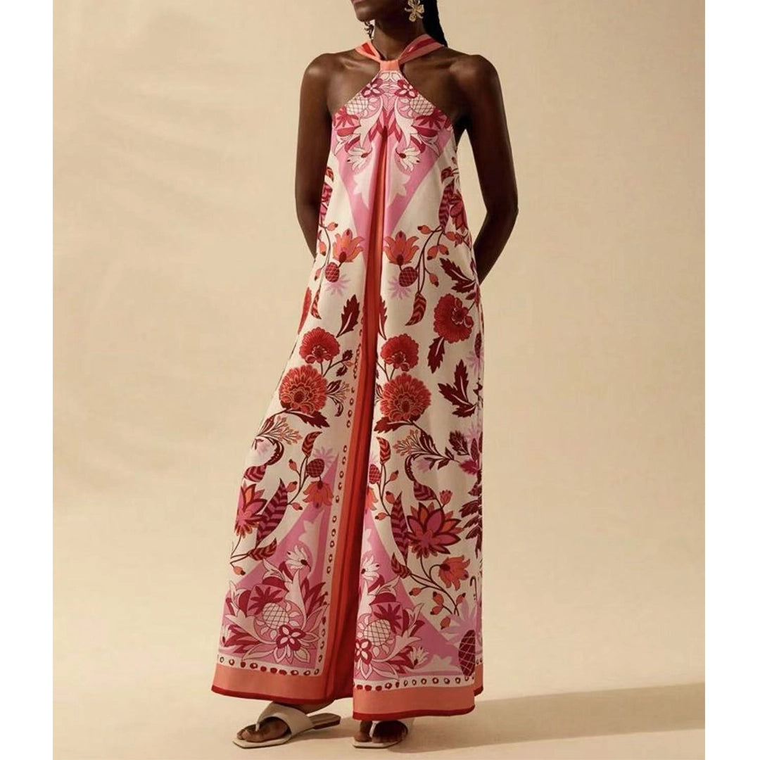 Printed Halter Neck Sleeveless Wide Leg Jumpsuit