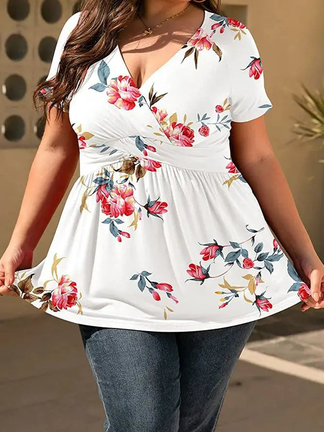 Printed Wrap V Neck Babydoll Plus Size Top
