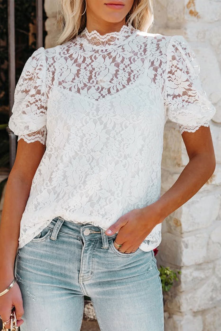 High Neck Lace Short Sleeve Blouse