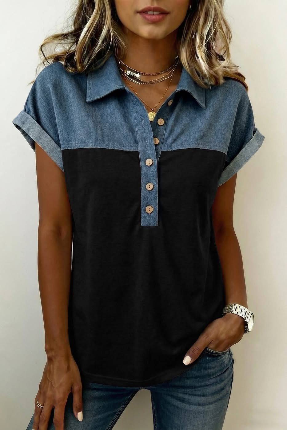 Color Block Denim Patchwork Button Polo Collar Short Sleeve