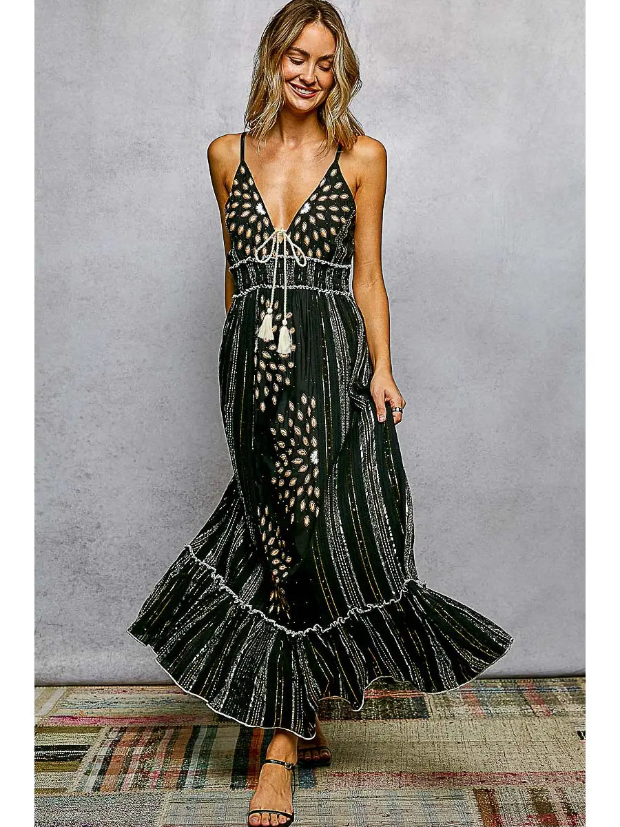 Deep V-Neck Tassel Ruffle Embroidered Trim Maxi Dress
