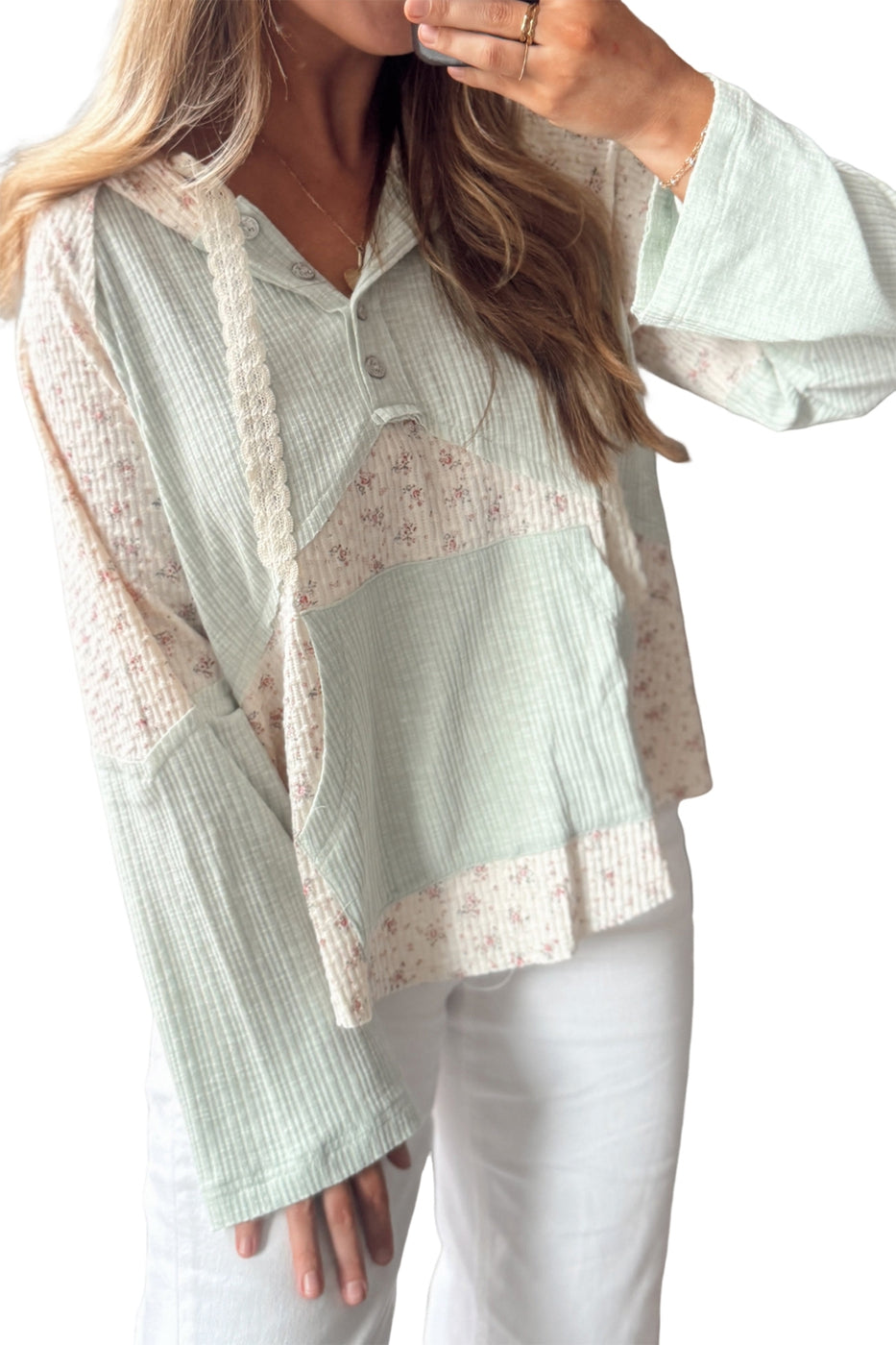 Textured Floral Patchwork Button Hooded Long Sleeve Top