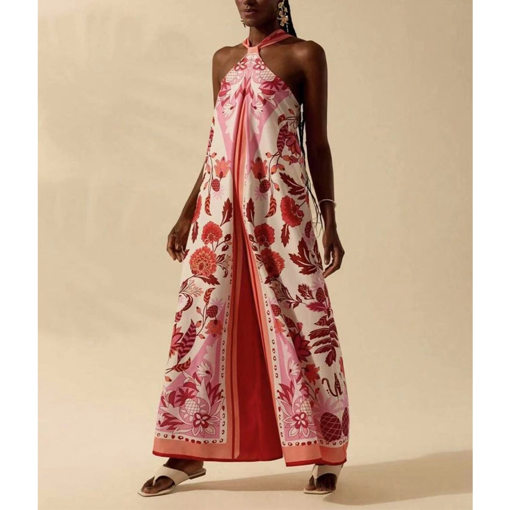 Printed Halter Neck Sleeveless Wide Leg Jumpsuit
