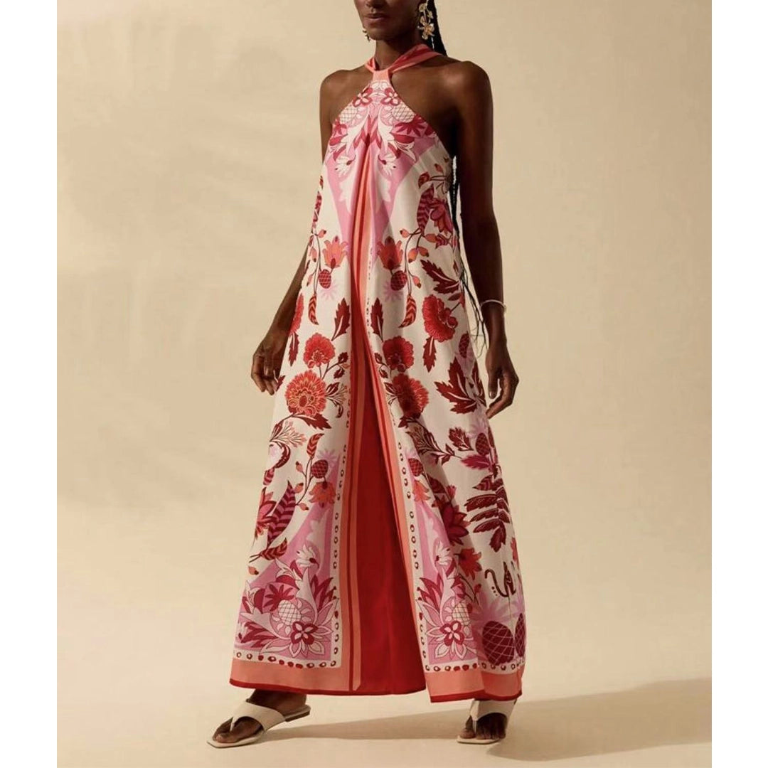 Printed Halter Neck Sleeveless Wide Leg Jumpsuit