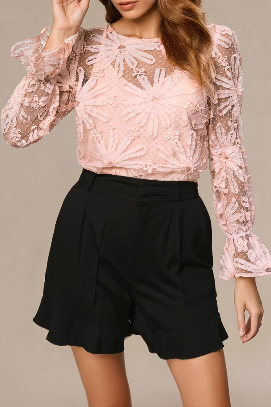 Ruffled Sleeve Mesh Top