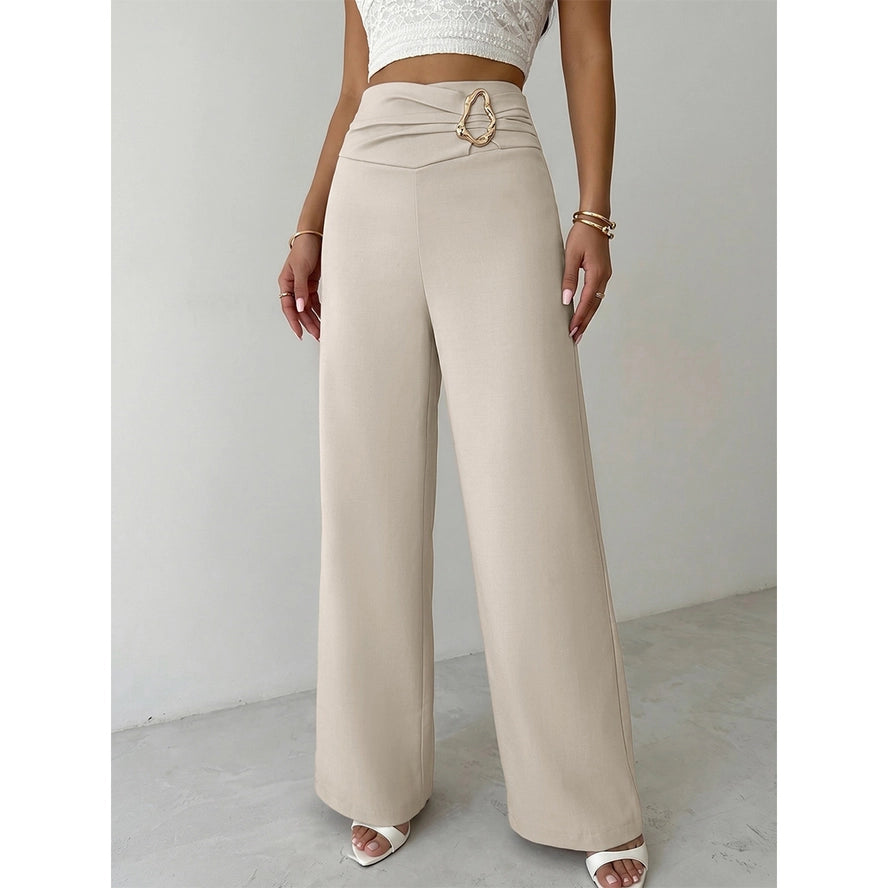 Metal Buckle Pleated Wide Leg Pants
