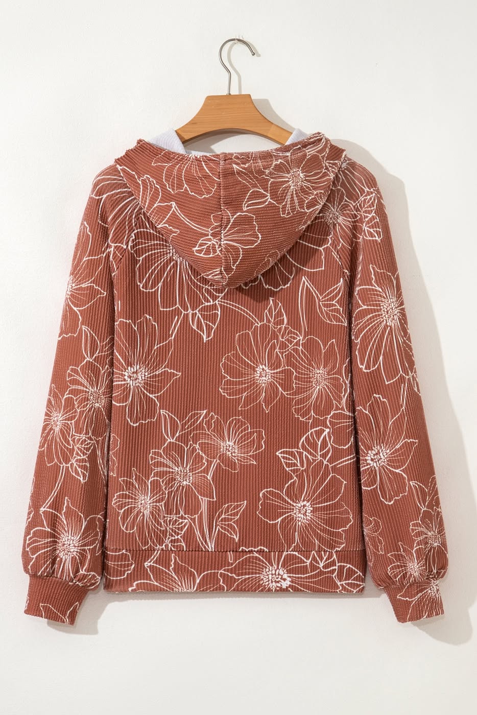 Floral Twisted Rib Drawstring Kangaroo Pocket Hoodie