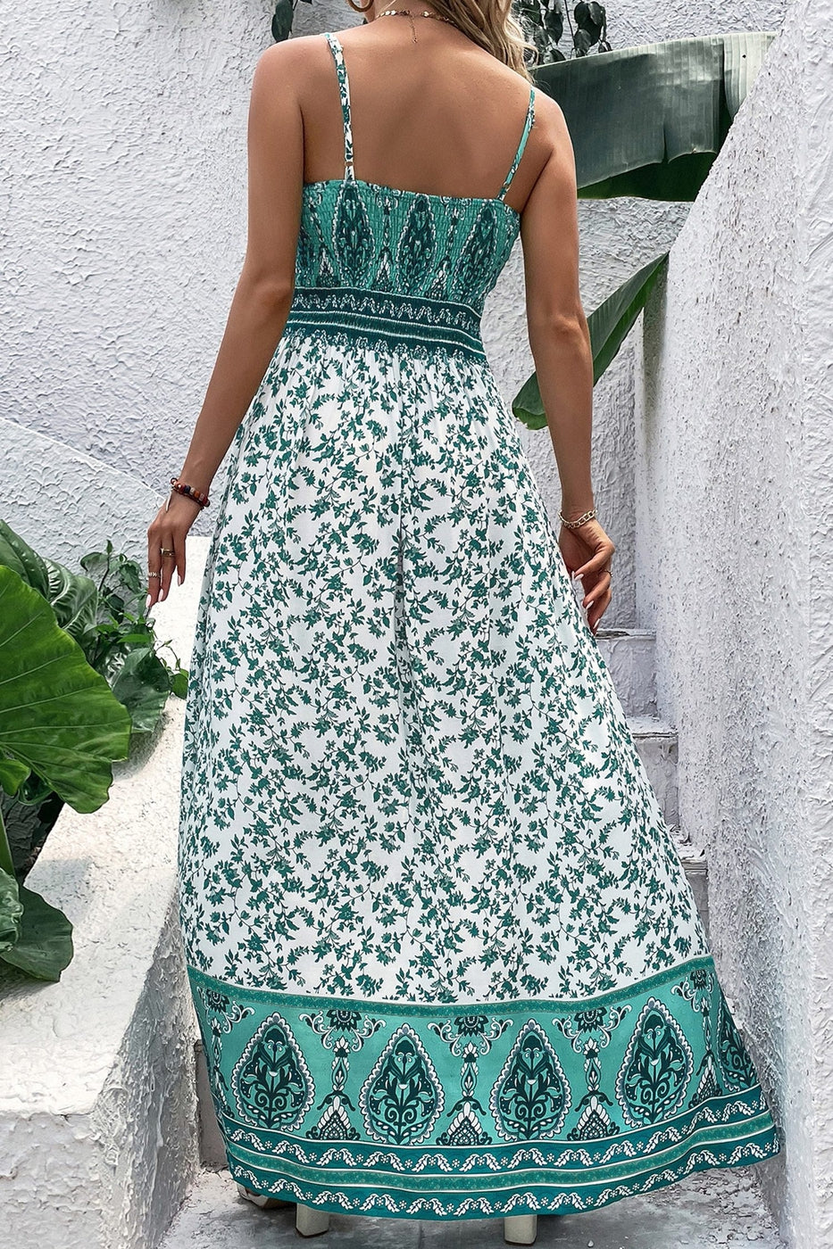 Boho Floral Print Shirred Cami Maxi Dress