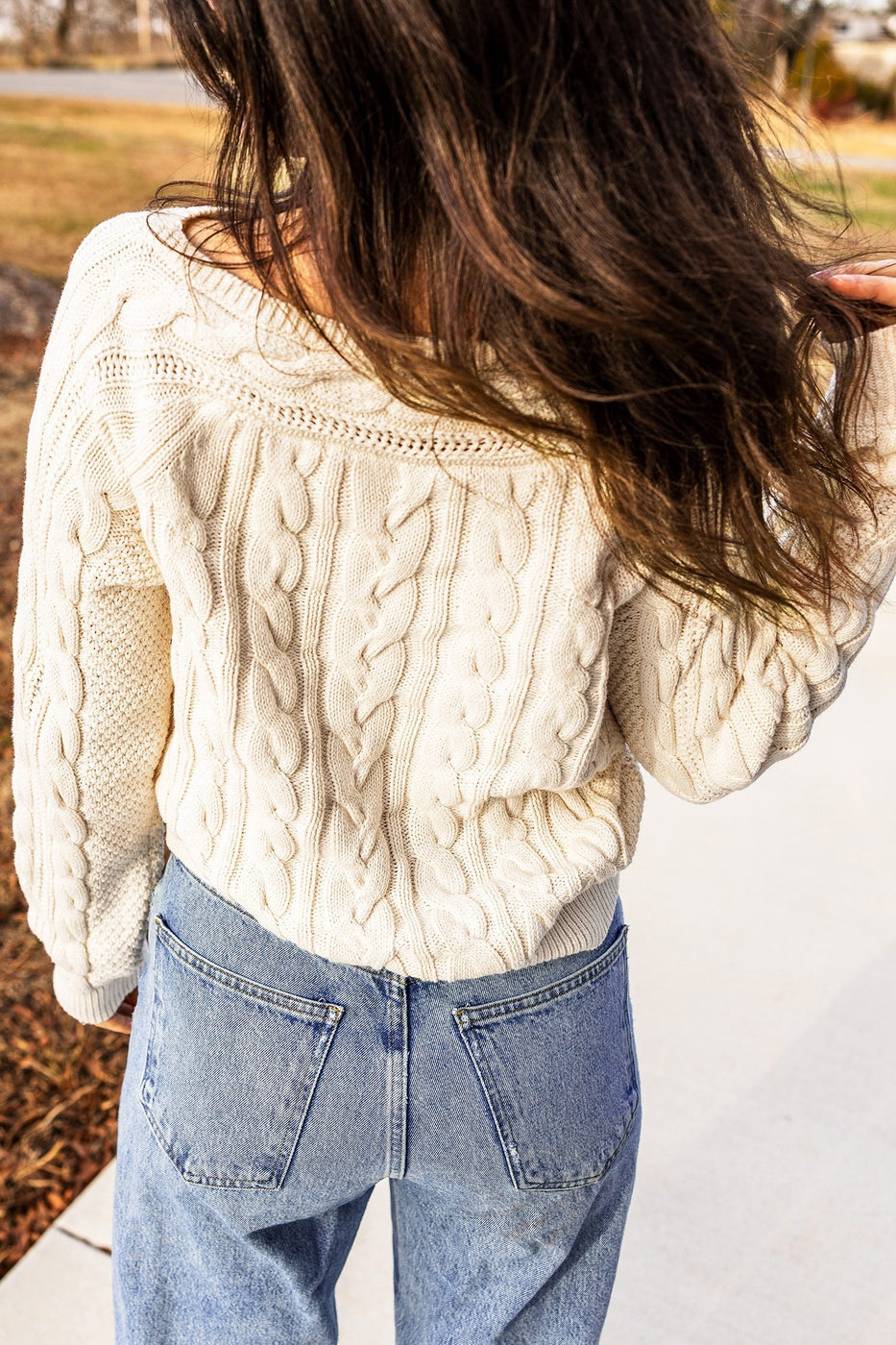 Drop Shoulder Round Neck Cable Knit Sweater