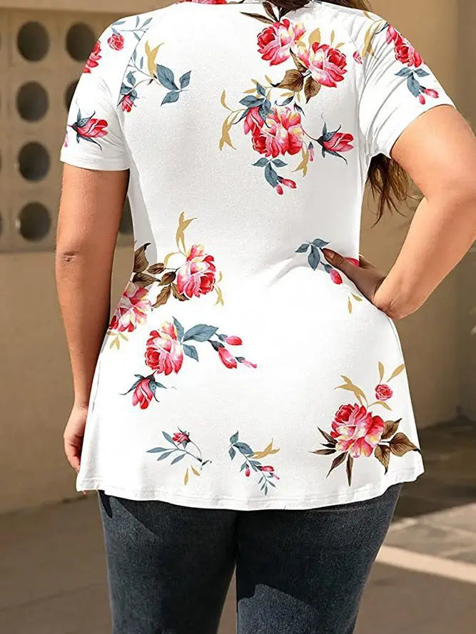 Printed Wrap V Neck Babydoll Plus Size Top