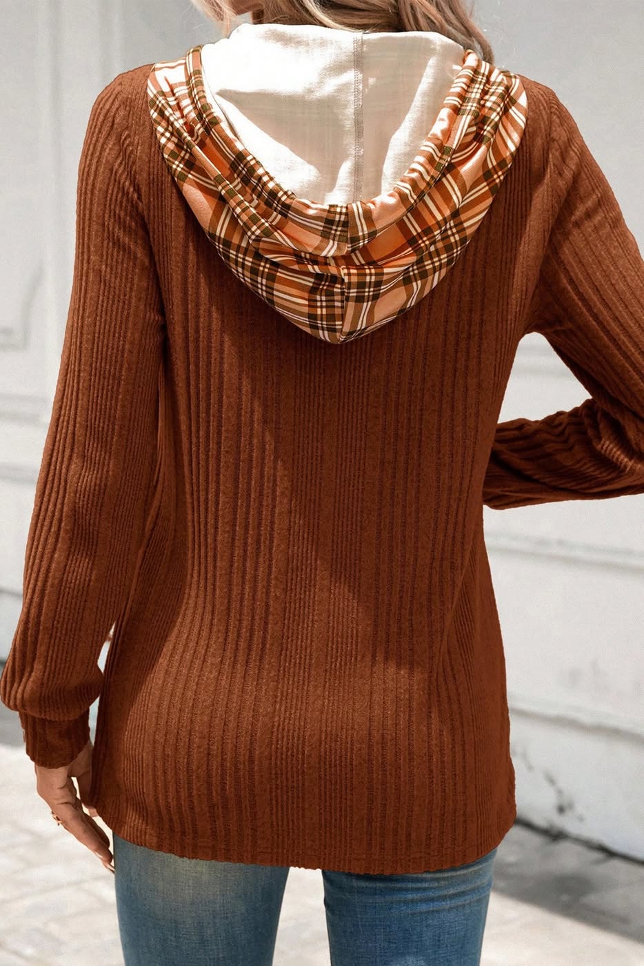 Plaid Patchwork Ribbed Hooded Top