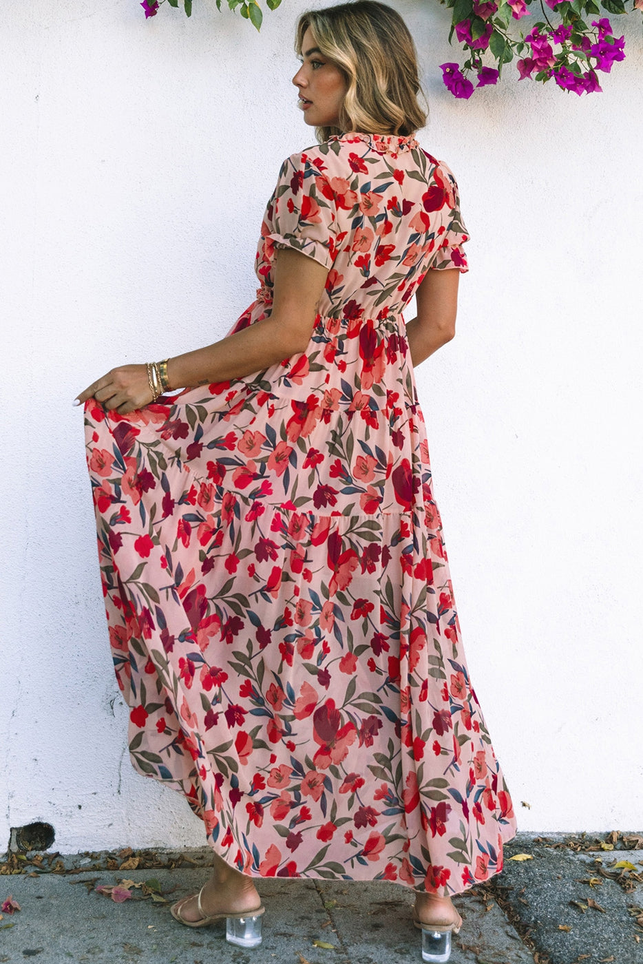 Fiery Floral Print Frilled V Neck Short Sleeve Maxi Dress
