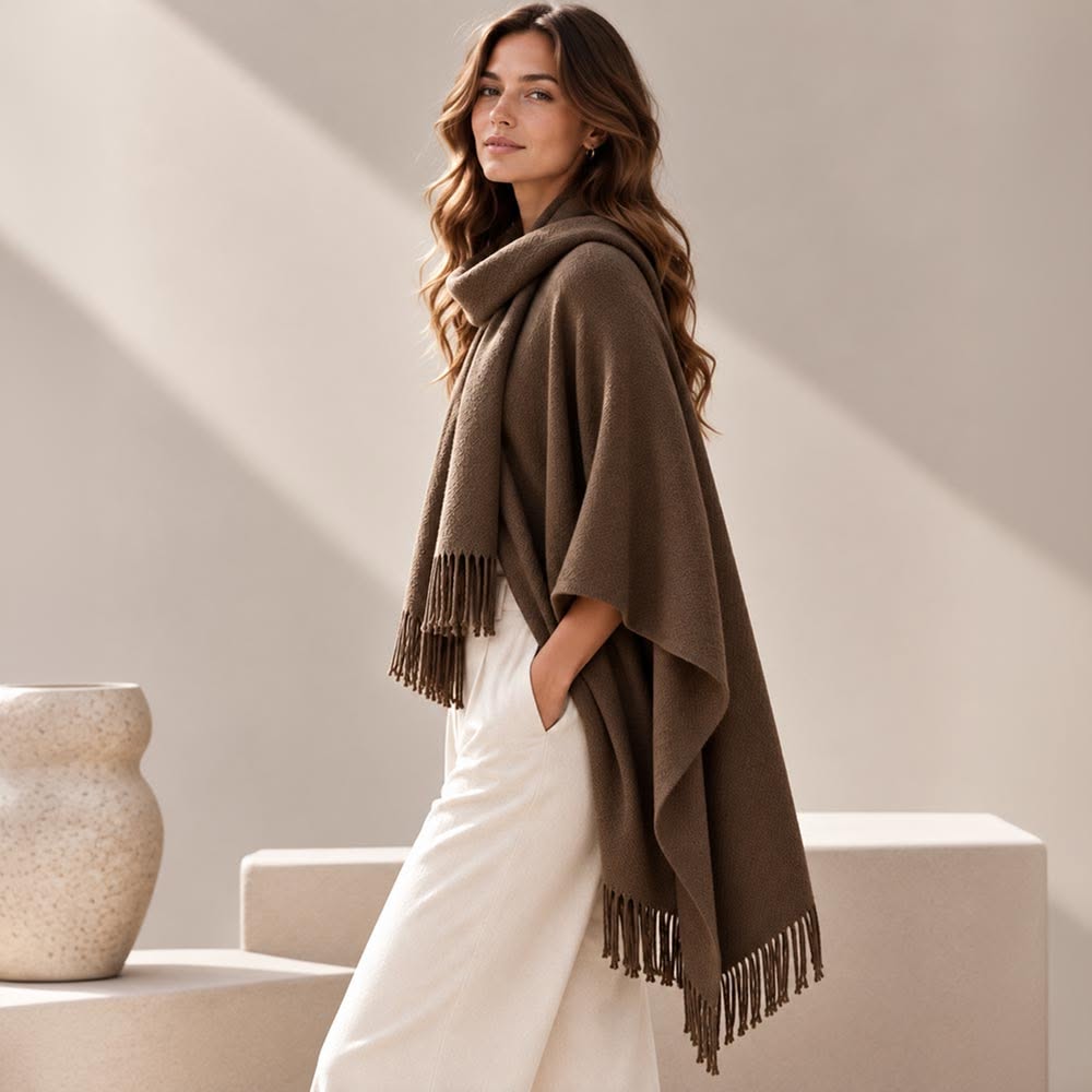 Fringe Trim Oversized Scarf Poncho