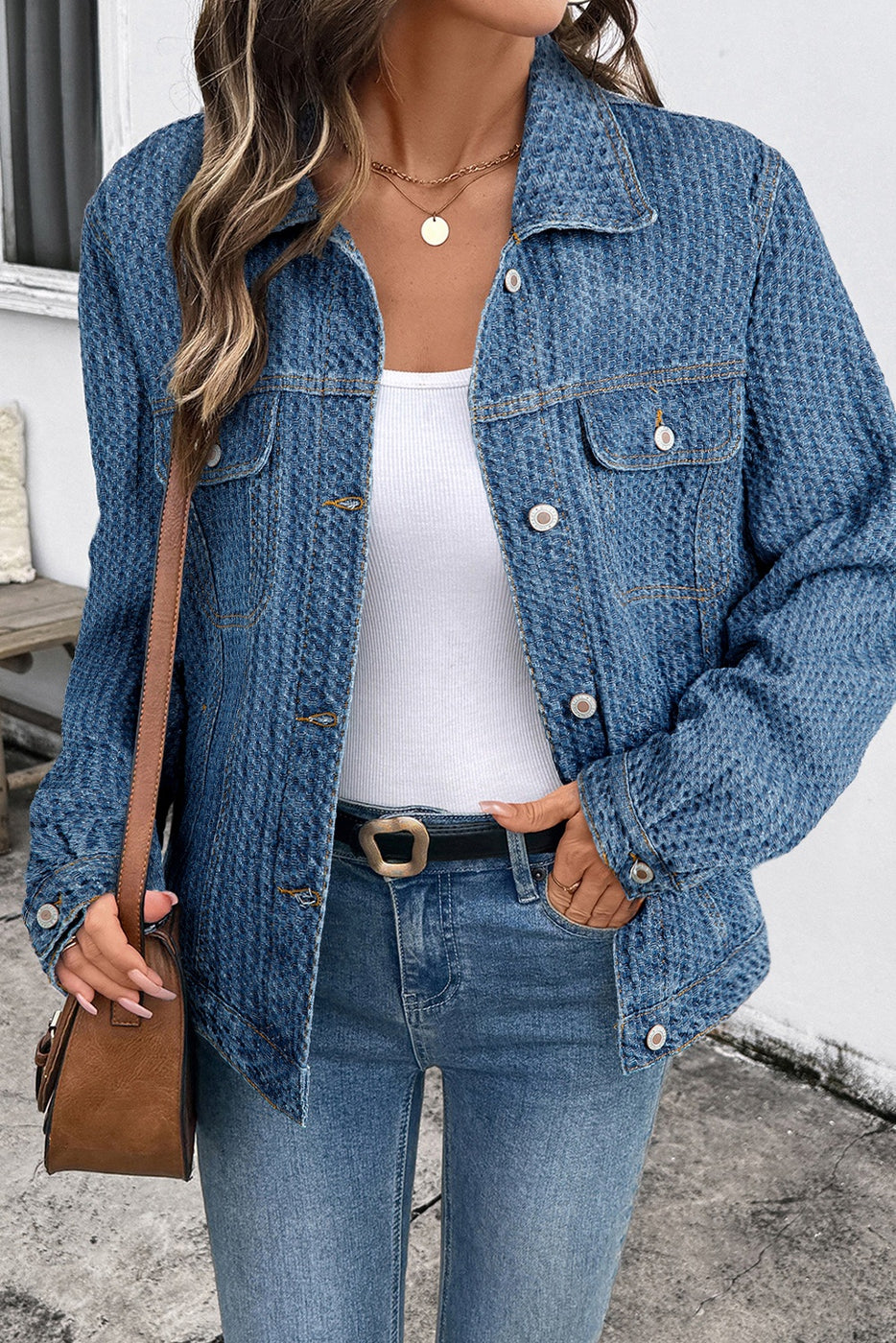 Double Flap Pocket Denim Textured Button Down Jacket