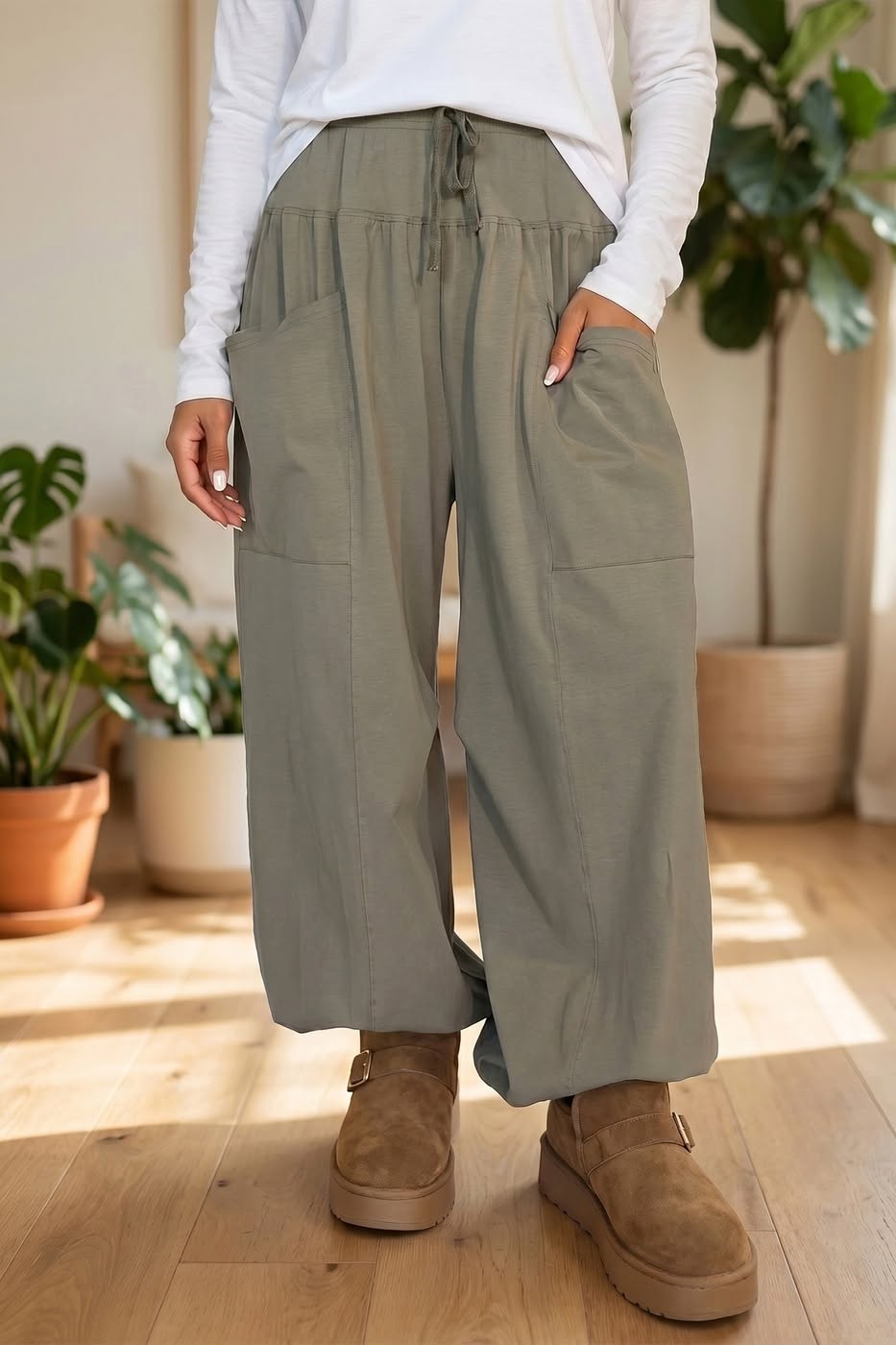 Elastic Waist Drawstring Wide Leg Pants