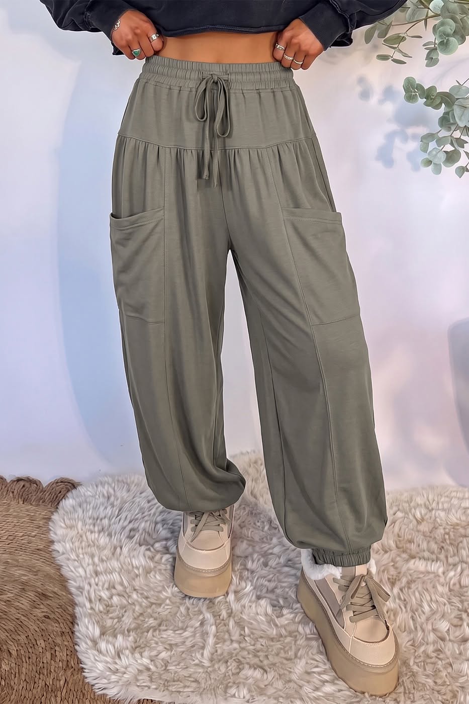 Elastic Waist Drawstring Wide Leg Pants