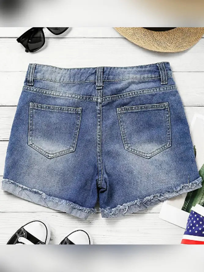 Us Flag Independence Day Patchwork Ripped Denim Shorts