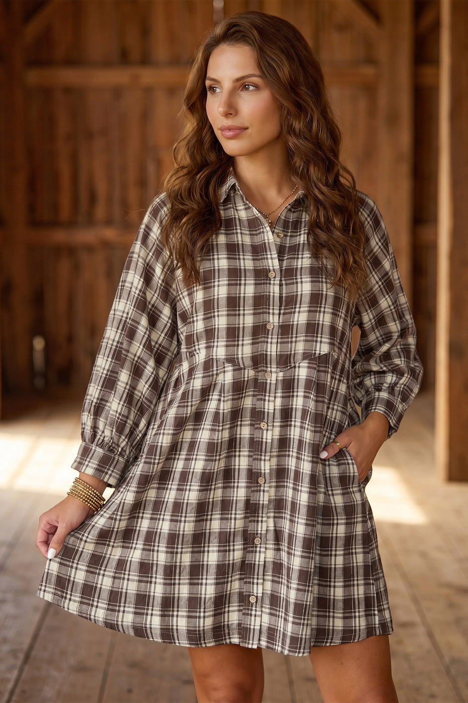 Brown Plaid Long Sleeve Short Shift Dress
