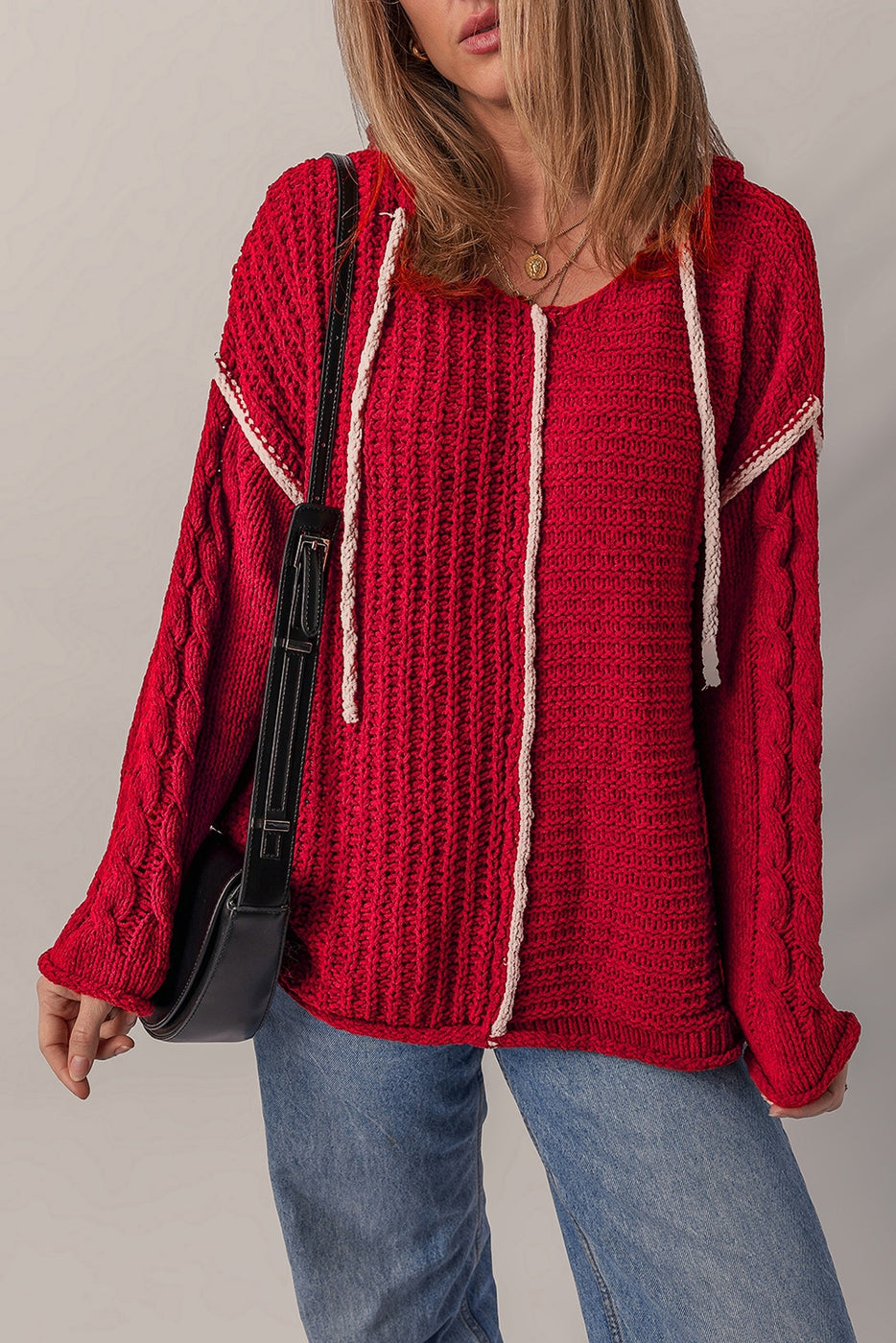 Contrast Trim Textured Knit Drawstring Hooded Sweater