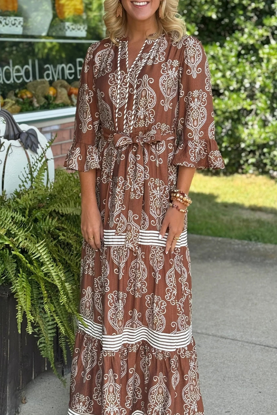 Floral Print Belted Striped Trim Tiered Maxi Dress