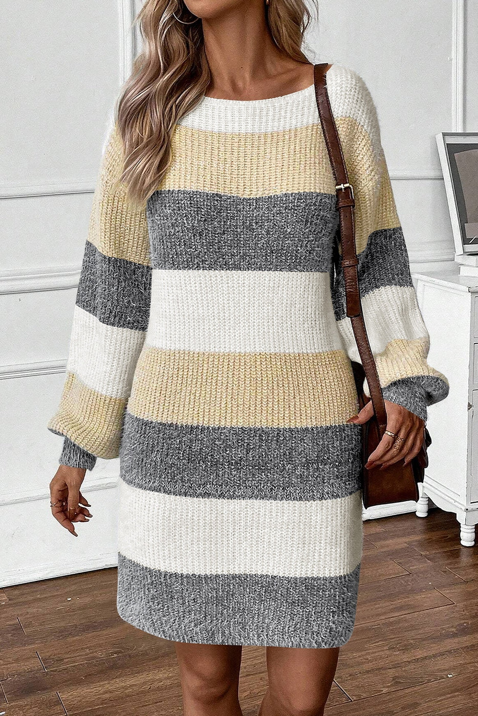 Colorblock Bubble Sleeve Sweater Dress
