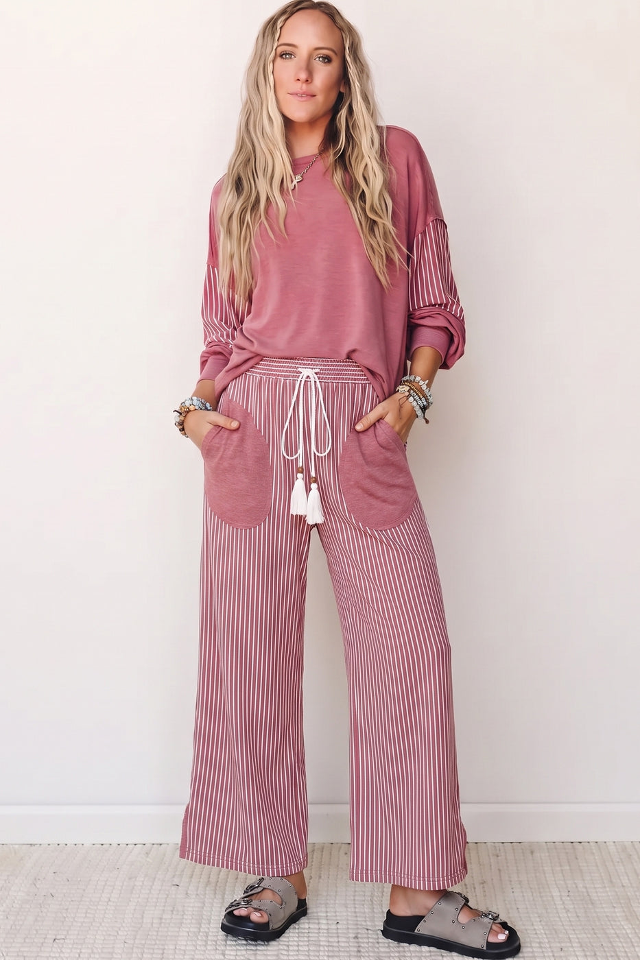Raw Seam Patchwork Long Sleeve Top Pocket Casual Pants