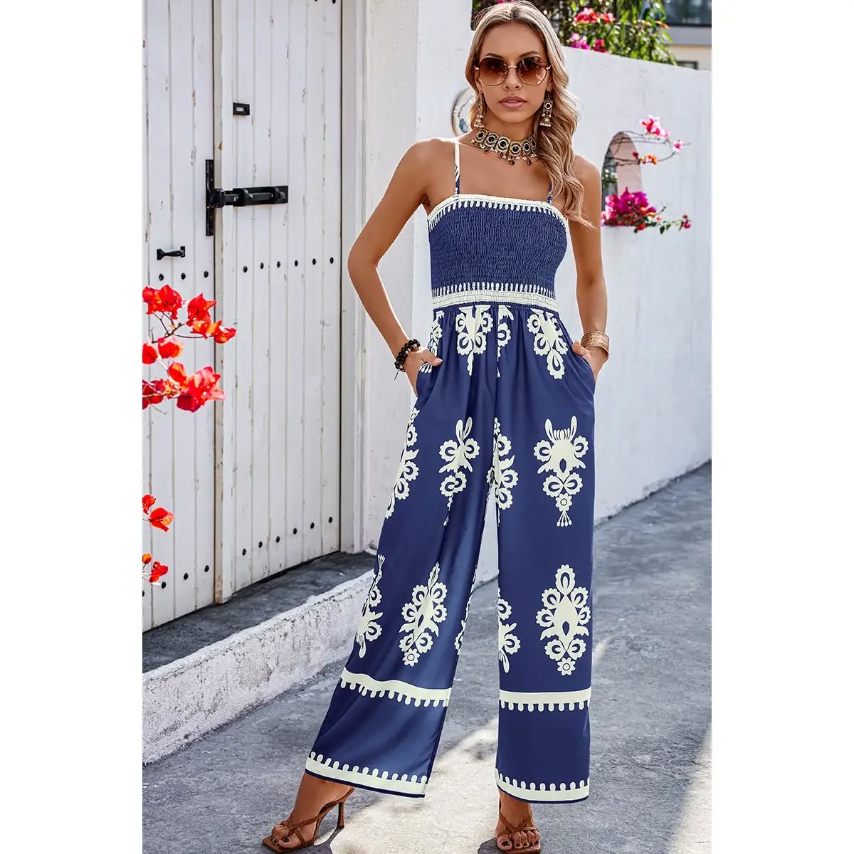 Geo Print Off Shoulder High Waist Fit Jumpsuit