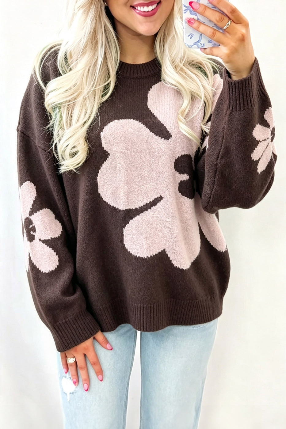 Cozy Floral Print Round Neck Dropped Shoulder Casual Sweater